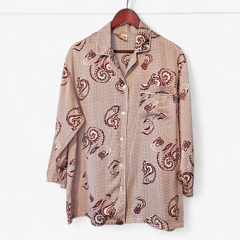 Calida of Switzerland Paisley Houndstooth 100% Silk Button Up Pajama Top Shirt S